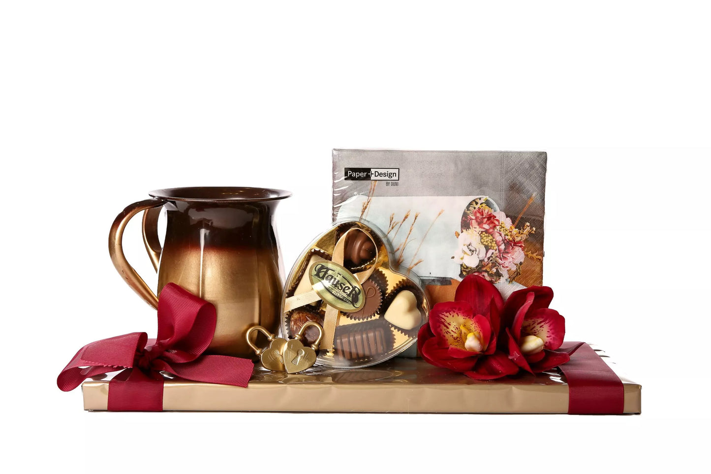 Washing Cup With Napkins and Heart-Shaped Box of Pralines