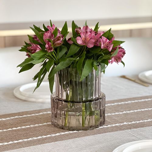 Wide Neck Amber Ribbed Glass Vase – Modern Decorative Flower Vase