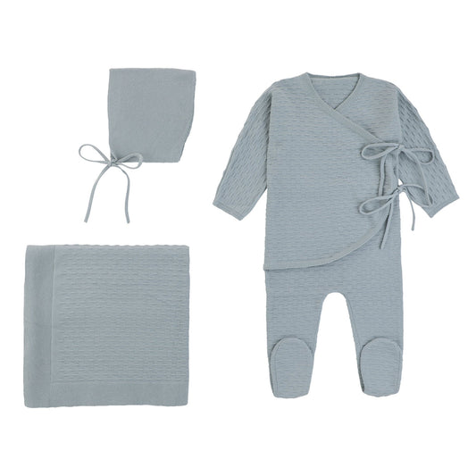 Rompp Double Bow Wrap Light Blue Knit Onesie W/ Bonnet