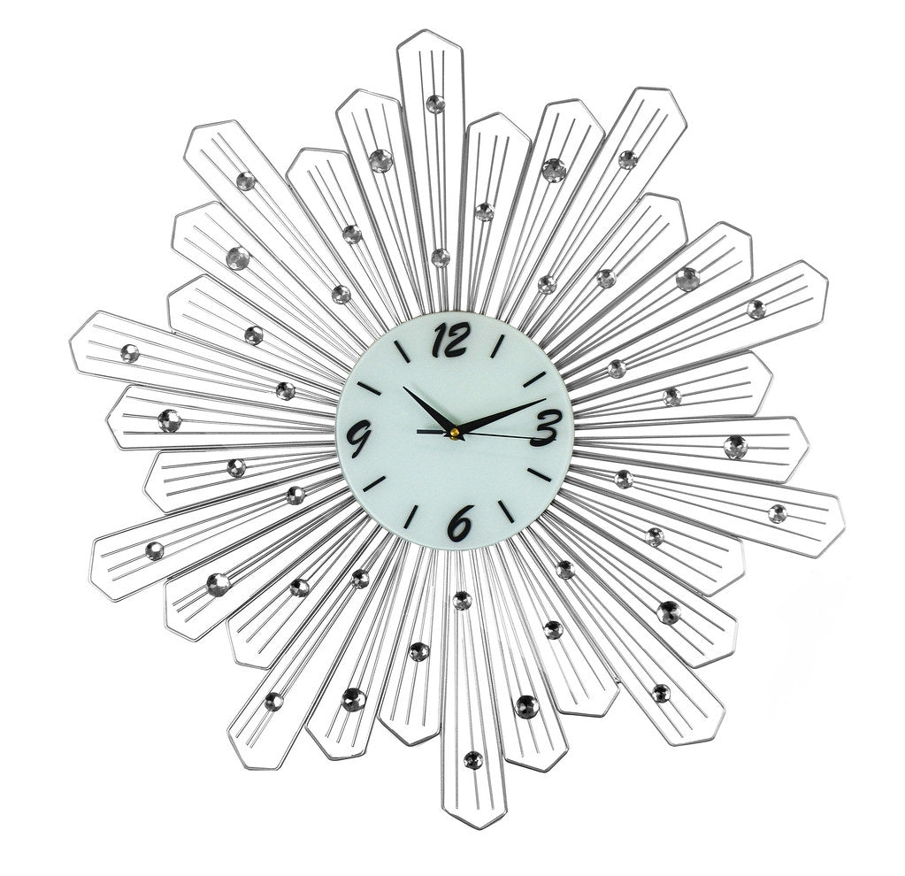 Round Spoke Style Silver Metal Wall Clock Crystal Accents