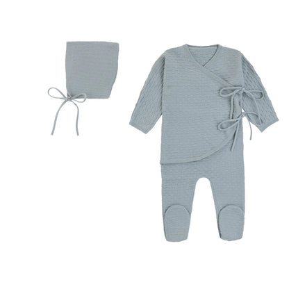 Rompp Double Bow Wrap Light Blue Knit Onesie W/ Bonnet