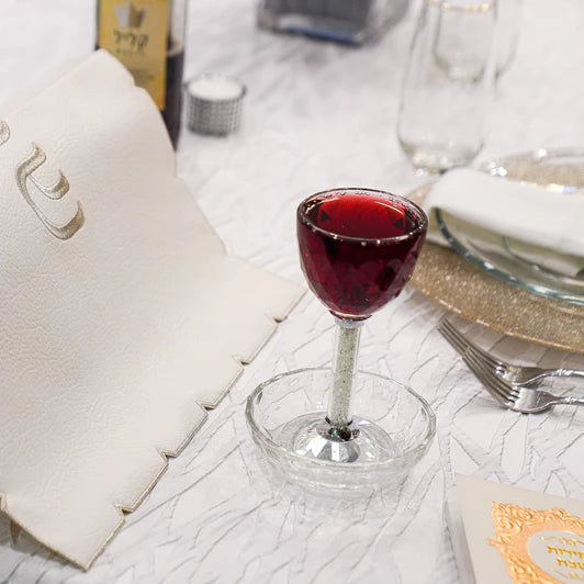 Crystal Kiddush Cup with Clear Gemstone Stem & Matching Tray – 4oz Elegant Pesach & Shabbos Set Gift Box Included