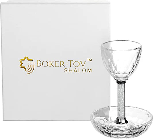 Crystal Kiddush Cup with Clear Gemstone Stem & Matching Tray – 4oz Elegant Pesach & Shabbos Set Gift Box Included