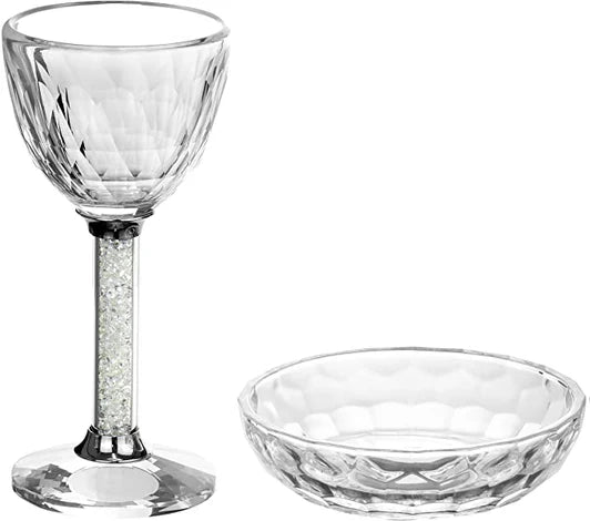 Crystal Kiddush Cup with Clear Gemstone Stem & Matching Tray – 4oz Elegant Pesach & Shabbos Set Gift Box Included