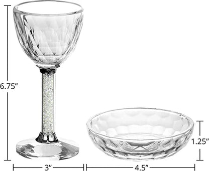 Crystal Kiddush Cup with Clear Gemstone Stem & Matching Tray – 4oz Elegant Pesach & Shabbos Set Gift Box Included