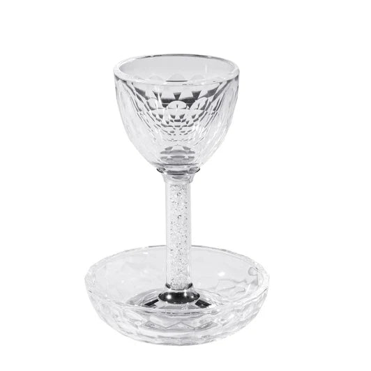 Crystal Kiddush Cup with Clear Gemstone Stem & Matching Tray – 4oz Elegant Pesach & Shabbos Set Gift Box Included