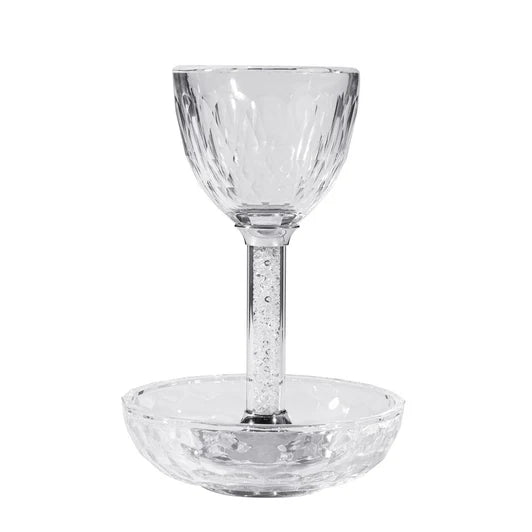 Crystal Kiddush Cup with Clear Gemstone Stem & Matching Tray – 4oz Elegant Pesach & Shabbos Set Gift Box Included