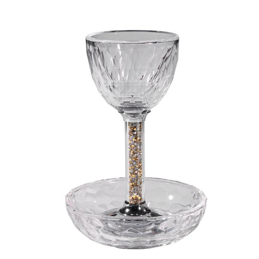 Crystal Kiddush Cup with Clear Gemstone Stem & Matching Tray – 4oz Elegant Pesach & Shabbos Set Gift Box Included