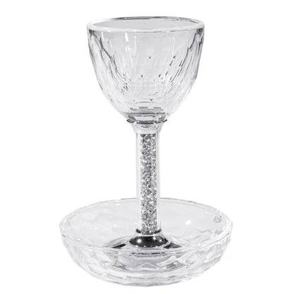 Crystal Kiddush Cup with Clear Gemstone Stem & Matching Tray – 4oz Elegant Pesach & Shabbos Set Gift Box Included
