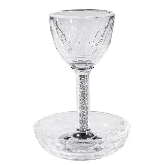 Crystal Kiddush Cup with Clear Gemstone Stem & Matching Tray – 4oz Elegant Pesach & Shabbos Set Gift Box Included