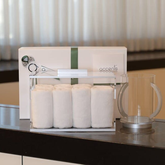 Gift Package | Acrylic Towel Box with 8 Luxurious White Towels & Washing Cup