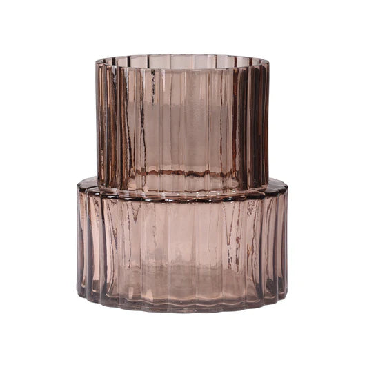 Wide Neck Amber Ribbed Glass Vase – Modern Decorative Flower Vase