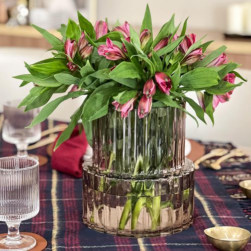 Wide Neck Amber Ribbed Glass Vase – Modern Decorative Flower Vase