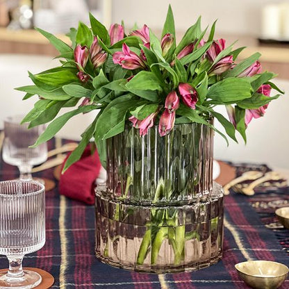 Wide Neck Amber Ribbed Glass Vase – Modern Decorative Flower Vase