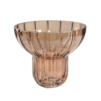 Wide Neck Short Amber Ribbed Glass Vase