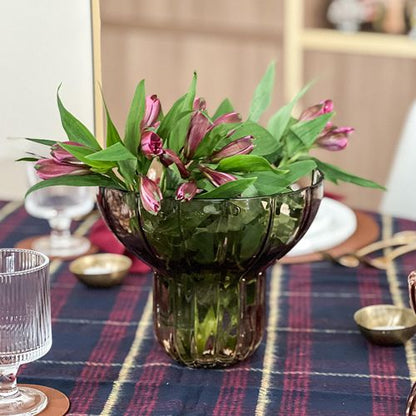 Wide Neck Short Amber Ribbed Glass Vase