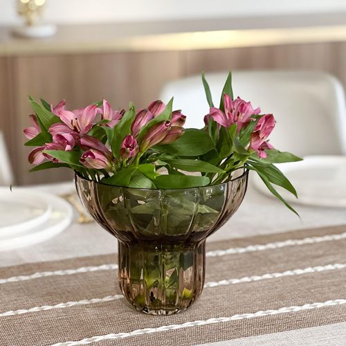 Wide Neck Short Amber Ribbed Glass Vase