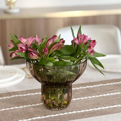 Wide Neck Short Amber Ribbed Glass Vase