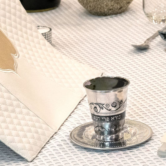 Diamond Design Kiddush Cup with Matching Tray – Stainless Steel Shabbat Wine Cup Set