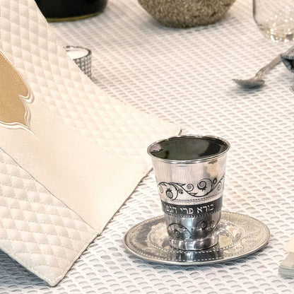 Diamond Design Kiddush Cup with Matching Tray – Stainless Steel Shabbat Wine Cup Set
