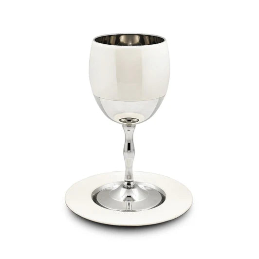 Kiddush Cup with White Enamel Design – Elegant Jewish Shabbat & Holiday Wine Cup (6.7")