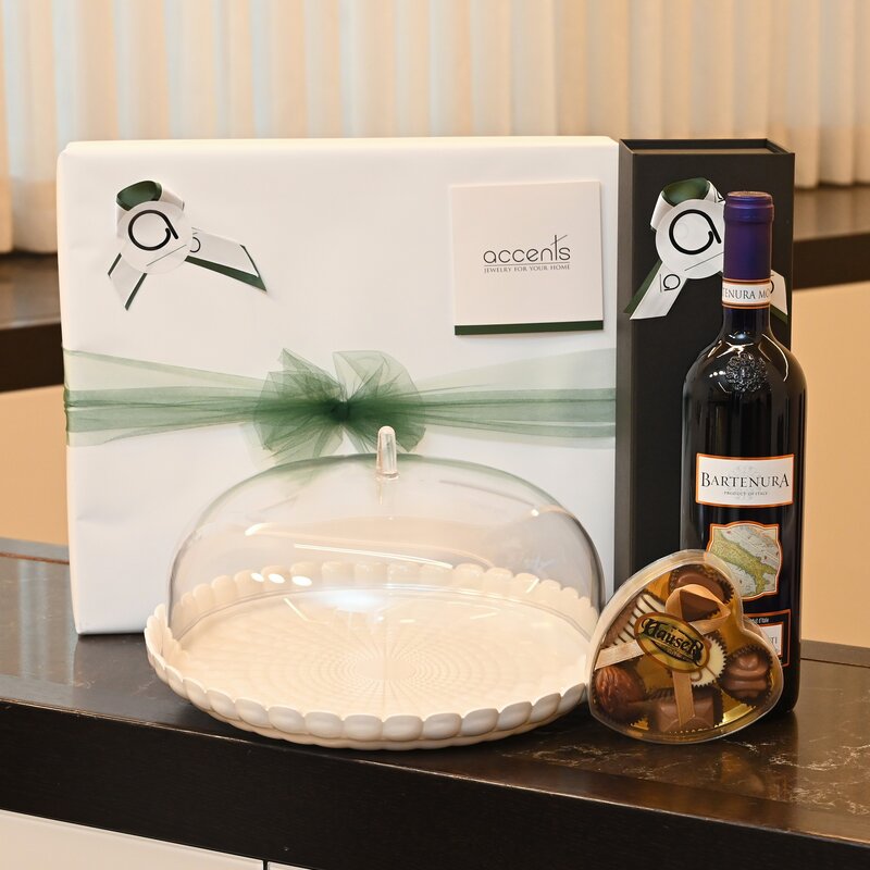 Mishloach Manos | Tiffany Milk White Cake Dome by Guzzini, Bartenura Wine & Praline Chocolates