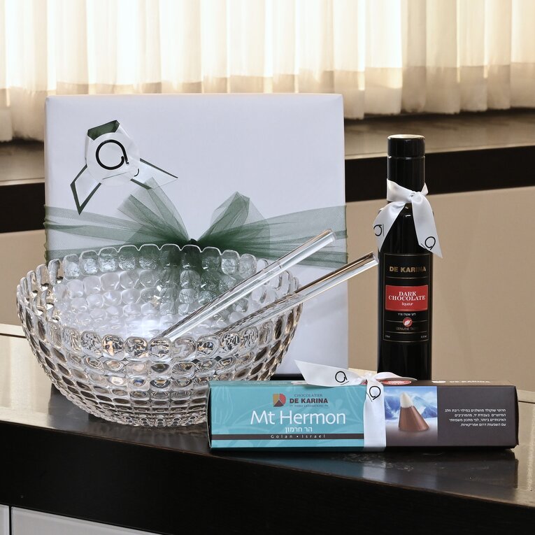 Mishloach Manos | Tiffany Salad Bowl & Servers, Liquor & Mt Hermon Chocolates