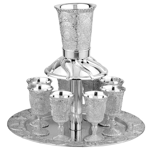 Silver Plated Shabbos Wine Fountain Set with 8 Cups – Elegant Kiddush Wine Dispenser for Shabbat & Pesach Table
