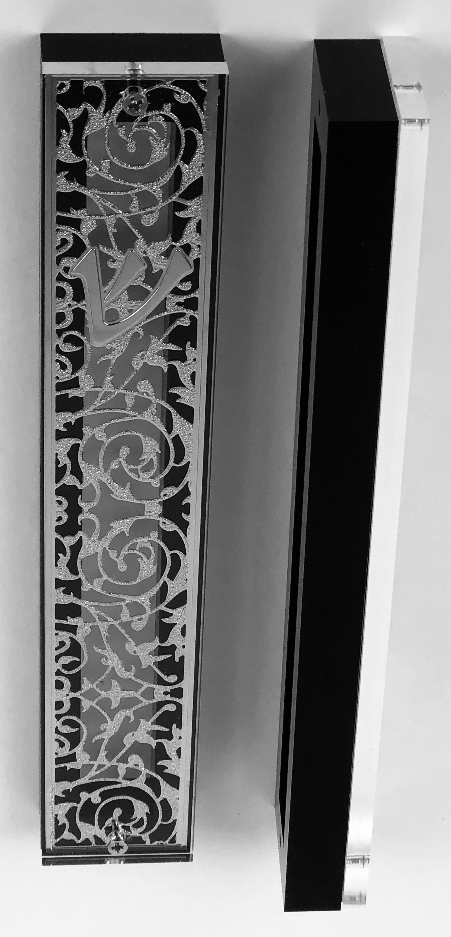 Silver Plated Mezuzah Case, Black Border (15 cm scroll)