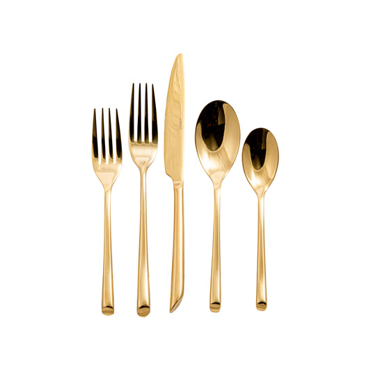 Vikko Crown - Pearl Round, Gold 18/10 SS, Flatware, 20 Pc Set - Gift Box Window