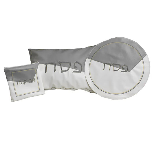 White & Grey Leatherette Passover Seder Set with Gold Stitch Embroidery – Matzah Holder, Afikomen Bag & Pillow Case