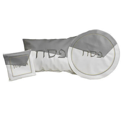 White & Grey Leatherette Passover Seder Set with Gold Stitch Embroidery – Matzah Holder, Afikomen Bag & Pillow Case