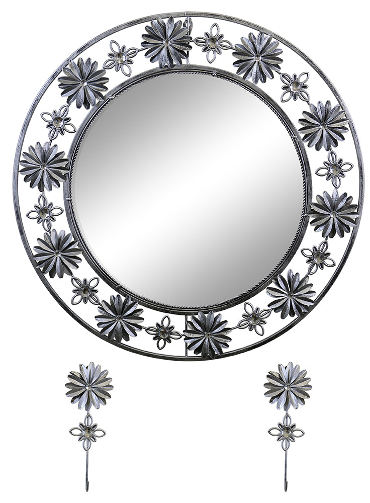 24" Round Wall Mirror W/ Key Chain Holders, Silver & Blk Floral