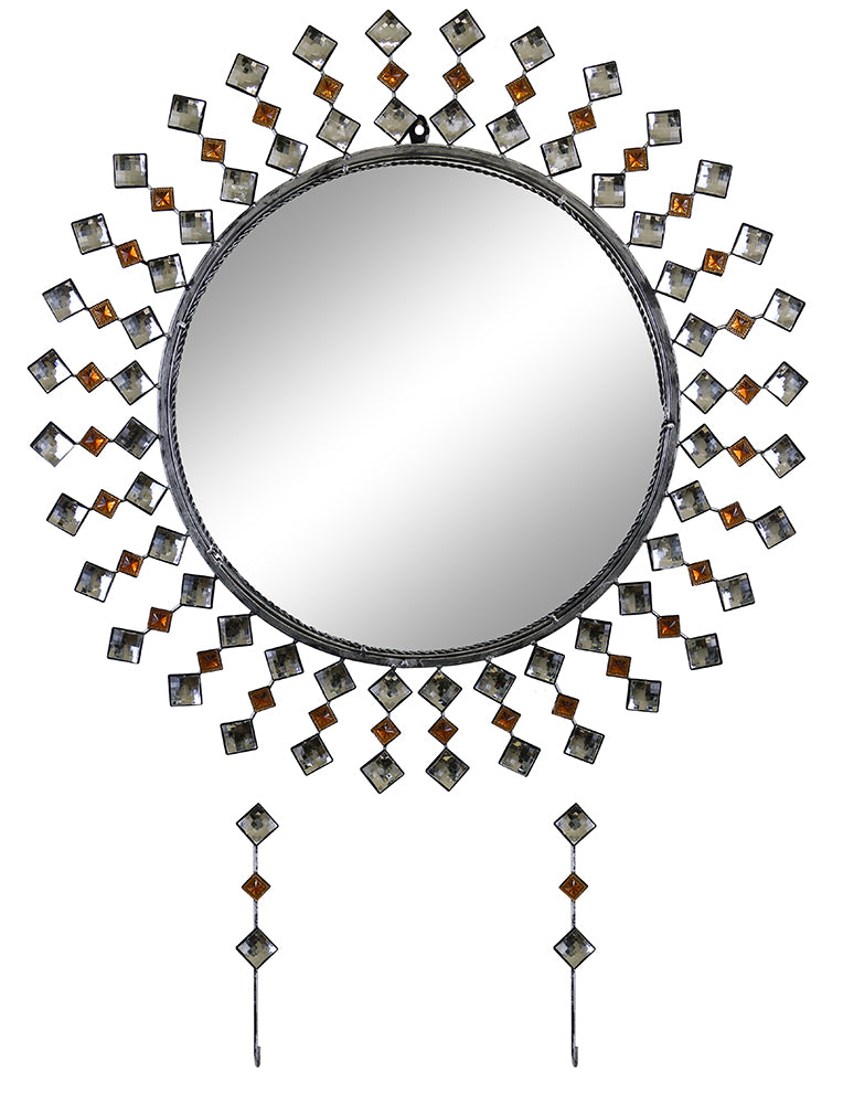 24" Round Wall Mirror W/ Key Chain Holders, Silver & Copper