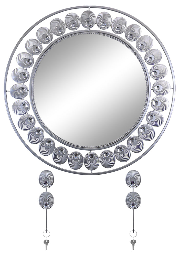 24" Round Wall Mirror With Key Chain Holders, Silver Feathers